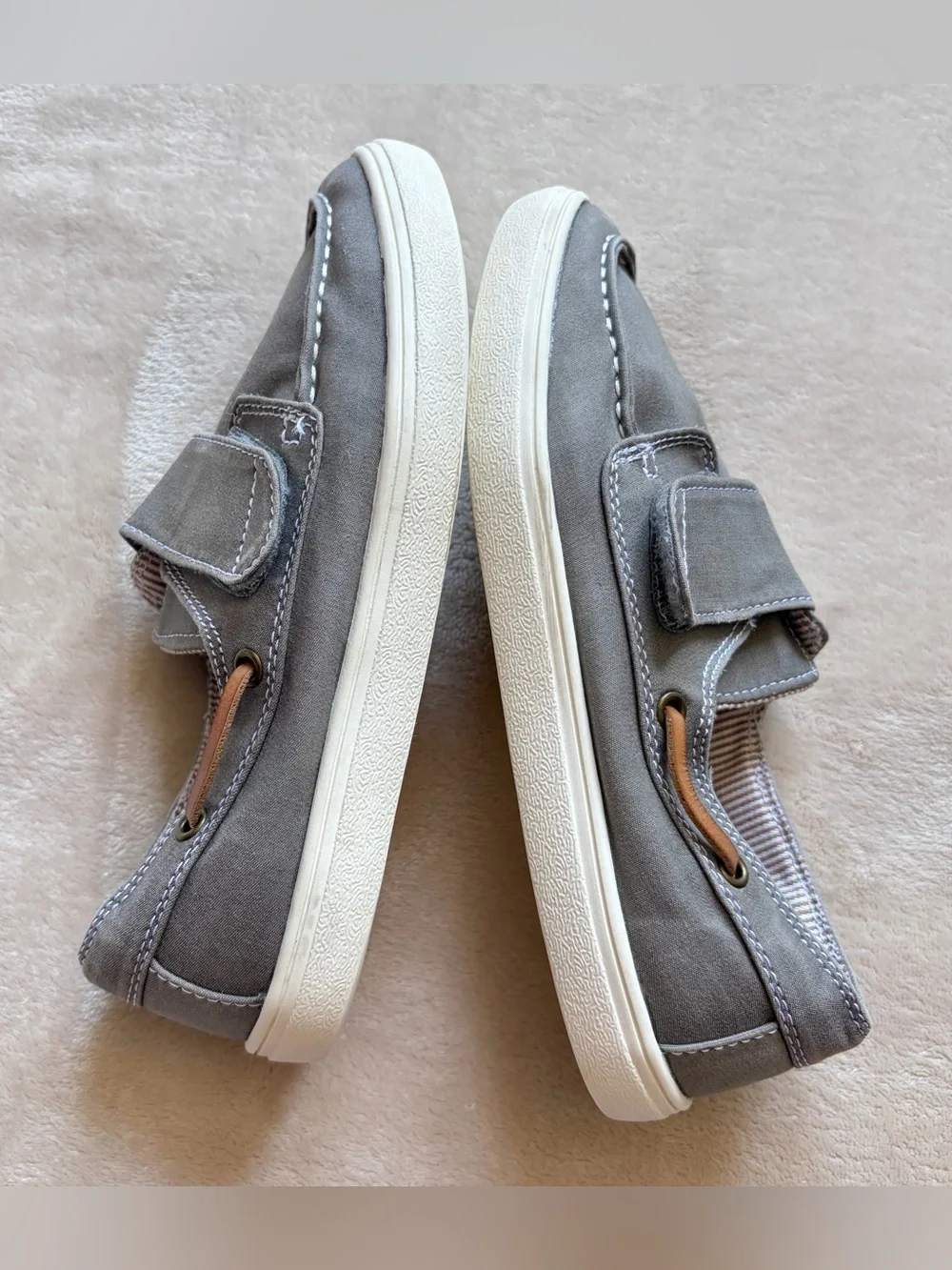 Children's Place Boys Gray Loafers - Slip On Boat Shoes W/ Velcro Strap, Size 3